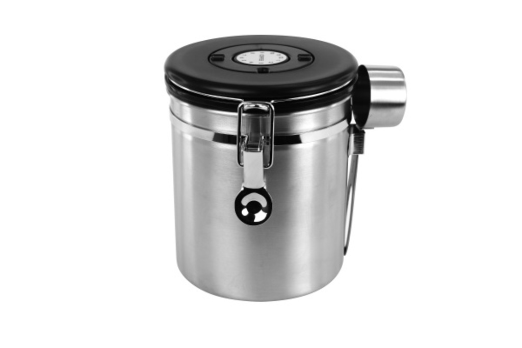 Coffee tin with date monitoring and stainless steel dosing spoon