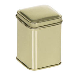Blechdosen: Traditionelle Dose für ca. 25 Gramm Tee; quadratische Stülpdeckeldose, goldfarben,  aus Weißblech.