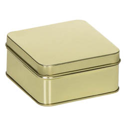 Metallboxen: Geschenkverpackung aus Blech, z.B. für Pralinen; quadratische Stülpdeckeldose, goldfarben, aus Weißblech.