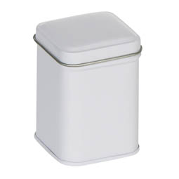 Nudeldosen: Traditionelle Dose für ca. 25 Gramm Tee; quadratische Stülpdeckeldose, weiß, aus elektrolytischem Weißblech.