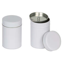 Kaffee und Mühlen: Dose, für ca. 100 Gramm Tee; runde Stülpdeckeldose mit Innendeckel, weiß, aus Weißblech.