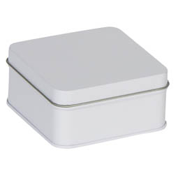 Vorratsbehälter: Geschenkverpackung aus Blech, z.B. für Pralinen; quadratische Stülpdeckeldose, weiß, aus Weißblech.