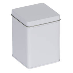 Stülpdeckeldosen: Traditionelle Dose für ca. 100 Gramm Tee; quadratische Stülpdeckeldose, weiß, aus elektrolytischem Weißblech.