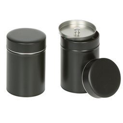 Espressodosen: Traditionelle Dose für ca. 100 Gramm Tee; runde Stülpdeckeldose mit Innendeckel schwarz aus Weißblech.