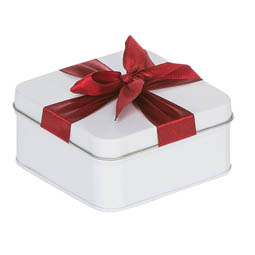 Salzdosen: Geschenkverpackung aus Blech; quadratische Stülpdeckeldose aus Weißblech. Weiß, mit aufgedrucktem rotem Geschenkband.