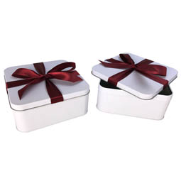 Nudeldosen: Geschenkverpackung aus Blech; quadratische Stülpdeckeldose aus Weißblech. Weiß, mit aufgedrucktem rotem Geschenkband.