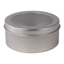 Kräuterdosen: Dose für Seifen Tee und Gewürze; runde Stülpdeckeldose mit Sichtfenster am Deckel aus Weißblech.