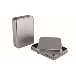 Vorratsdosen: rechteckige,  Stülpdeckeldose aus Weißblech. Metallverpackung