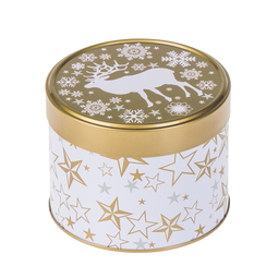 Lebkuchendosen: Weihnachtliche Dose, Weihnachtsmotiv mit Elch; runde Stülpdeckeldose, weiß / goldfarben, aus Weißblech.