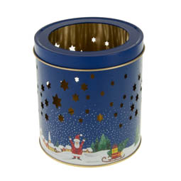 Dosen bestellen: Teelichtdose blue; runde Stülpdeckeldose aus Weißblech mit ausgestanztem Sternenhimmel.
