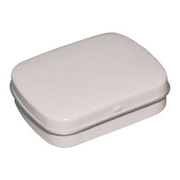 Mintsdosen: Pocket tin weiss für Bonbons; rechteckige Scharnierdeckeldose aus elektrolytischem Weißblech.