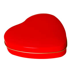Konfektdosen: Herzdose rot, Stülpdeckeldose aus Weißblech in Herzform.