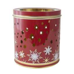 Leere Dosen: Teelichtdose rot; runde Stülpdeckeldose aus Weißblech mit Sternenhimmel -Ausstanzung.
