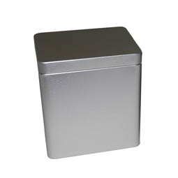 Rechteckdosen: Metallverpackung - rechteckige Stülpdeckeldose aus Weißblech.