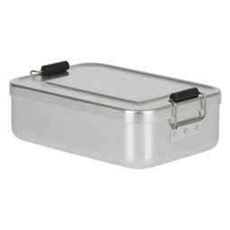 Proviantdosen: Lunchbox aus Aluminium mit verschließbarem Deckel.