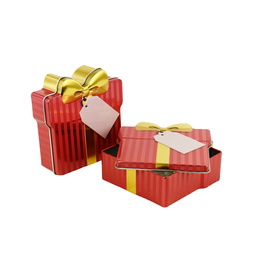 Eindrückdeckeldosen: Dekorative Geschenkdose, Stülpdeckeldose in Paketform aus elektrolytischem Weißblech, dekorativ bedruckt.