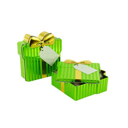 Leerdosen: Dekorative Geschenkdose, Stülpdeckeldose in Paketform aus elektrolytischem Weißblech, dekorativ bedruckt.