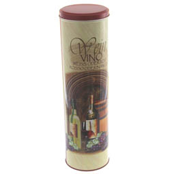 Leere Dosen: Dose für Weinflasche, Geschenkverpackung; runde Stülpdeckeldose, bedruckt mit Weinmotiv, aus Weißblech.