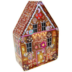 Weihnachtsdosen: Lebkuchenhaus X-mas; Eindrückdeckeldose in Hausform, bedruckt mit Lebkuchenhaus-Motiv, aus Weißblech.