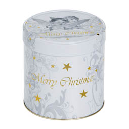 Eindrückdeckeldosen: Dose für Weihnachten. Runde Stülpdeckeldose aus Weißblech mit Weihnachtsmotiv und Aufdruck „Merry Christmas“.