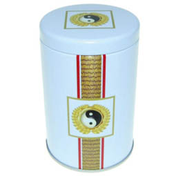 Teebeutelboxen: Dose Yin Yang, für Tee; kleinere, runde Stülpdeckeldose, weiß, bedruckt, dia. 60/102 mm, aus Weißblech.