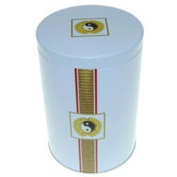 Gemüsedosen: Dose Yin Yang, für Tee; große, runde Stülpdeckeldose, weiß, bedruckt, dia. 108/157 mm, aus Weißblech.