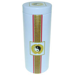 Pinseldosen: Dose Yin Yang, für Tee; lange, runde Stülpdeckeldose, weiß, bedruckt, dia. 65/170 mm, aus Weißblech.