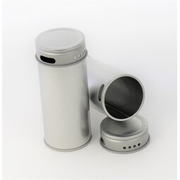 Nudeldosen: runde Stülpdeckeldose 40/90 mm mit Streulöcher am Rumpf und Deckel aus elektrolytischem Weißblech