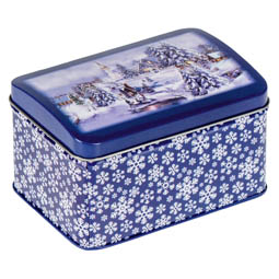 Dosen bestellen: Weihnachtliche Dose, blau, Weihnachtsmotiv mit Winterlandschaft; rechteckige Stülpdeckeldose, aus Weißblech.