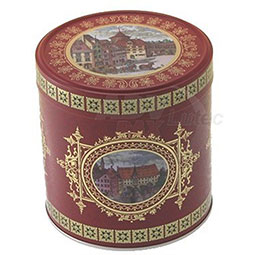 Fischfutterdosen: Lebkuchendose Nürnberg; Dose für Lebkuchen, runde Stülpdeckeldose aus Weißblech, rot mit dekorativem Altstadt-Motiv.